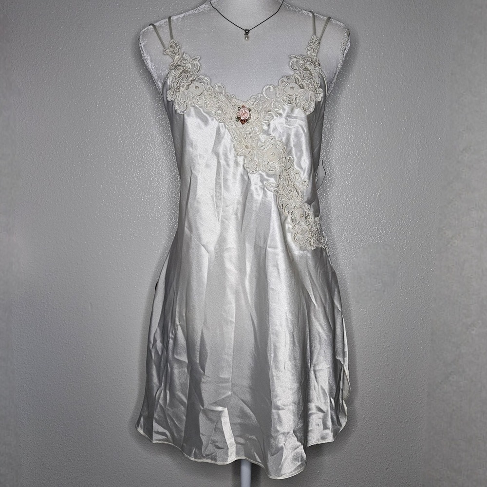 California Dynasty Vintage Ivory Satin Lace Pearl Nightgown Chemise - Picture 1 of 6